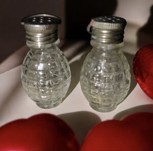 Vintage Tiny Glass Salt & Pepper Shakers with Metal Lids and Handles